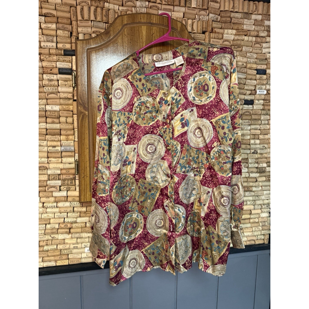 Vintage The Lingerie Collection 100% Silk Long Sleeve Floral Button Blouse Sz M